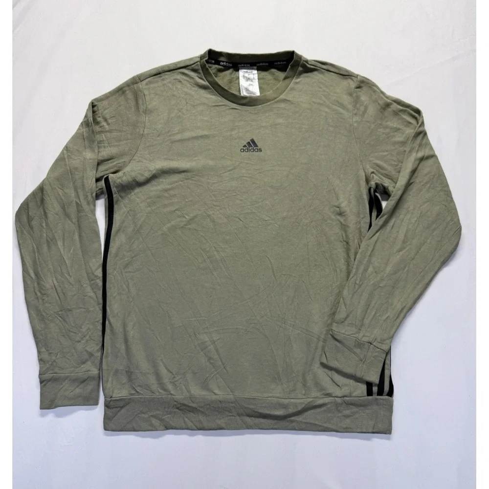 Adidas Sweatshirt Mens Medium Olive Green Fleece Lined 3 Stripes Logo Ribbed